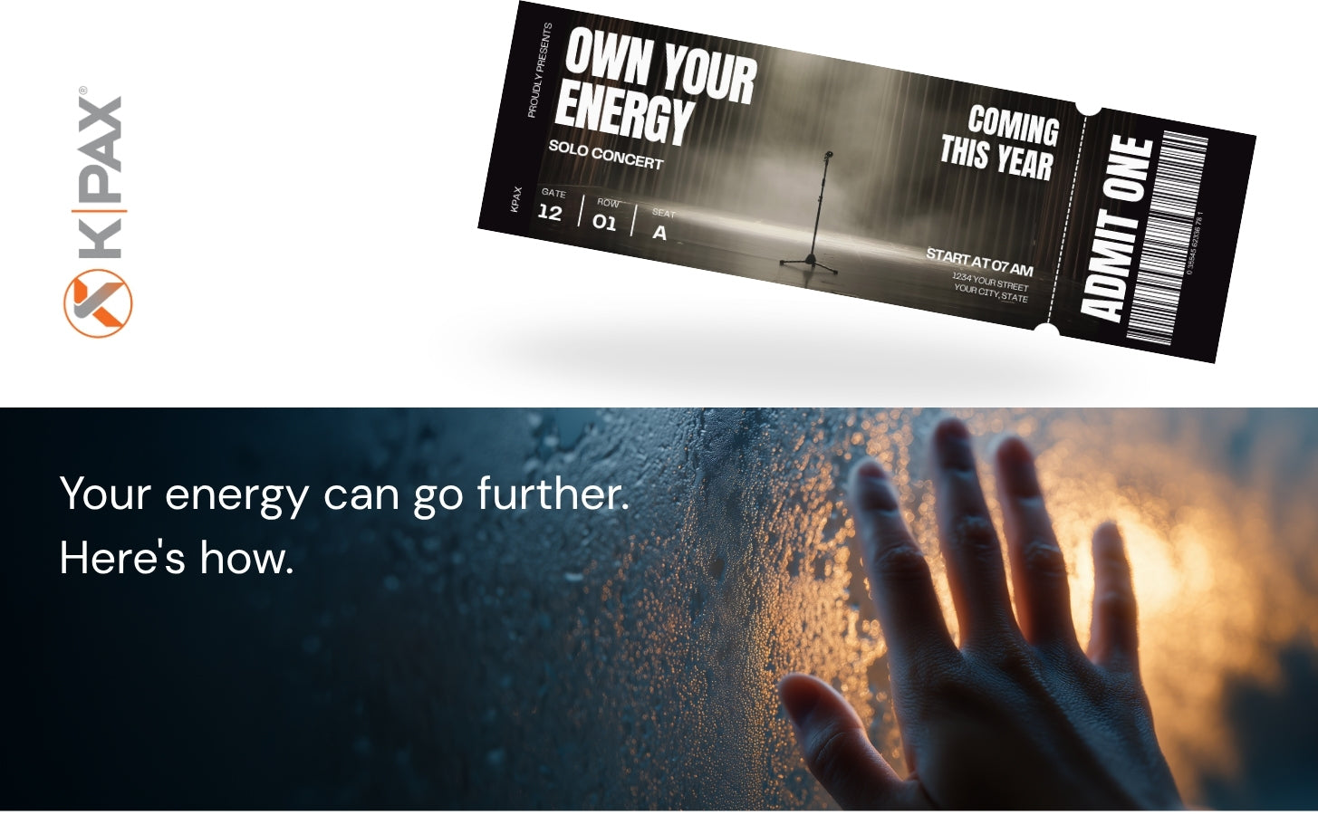 Ticket-style design and a hand touching glass