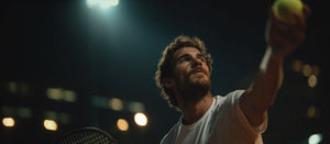 Tennis player preparing to serve on a tennis court at night.