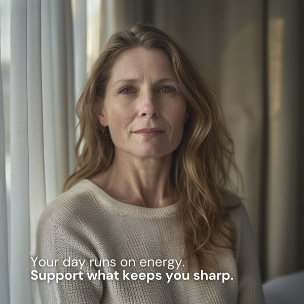 Woman in a beige sweater with text reading Your day runs on energy. Support what keeps you sharp.