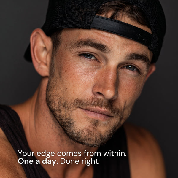 Man wearing a black cap with a quote your edge comes from within. One a day. Done right.